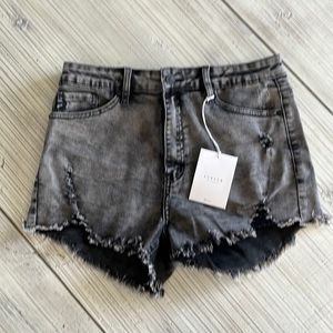 NWT KANCAN HIGH WAISTED FADED GRAY/BLACK DENIM FRAYED CUTOFF SHORTS SIZE XL